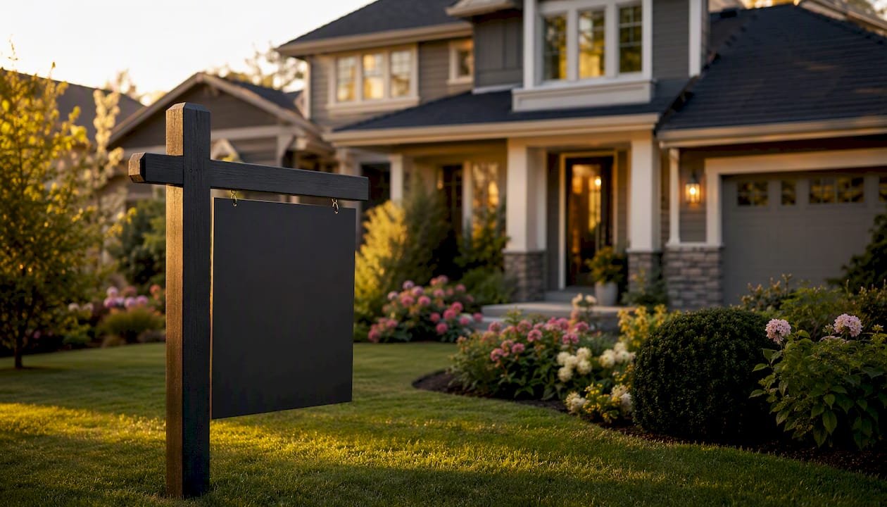 For sale sign in front yard of house