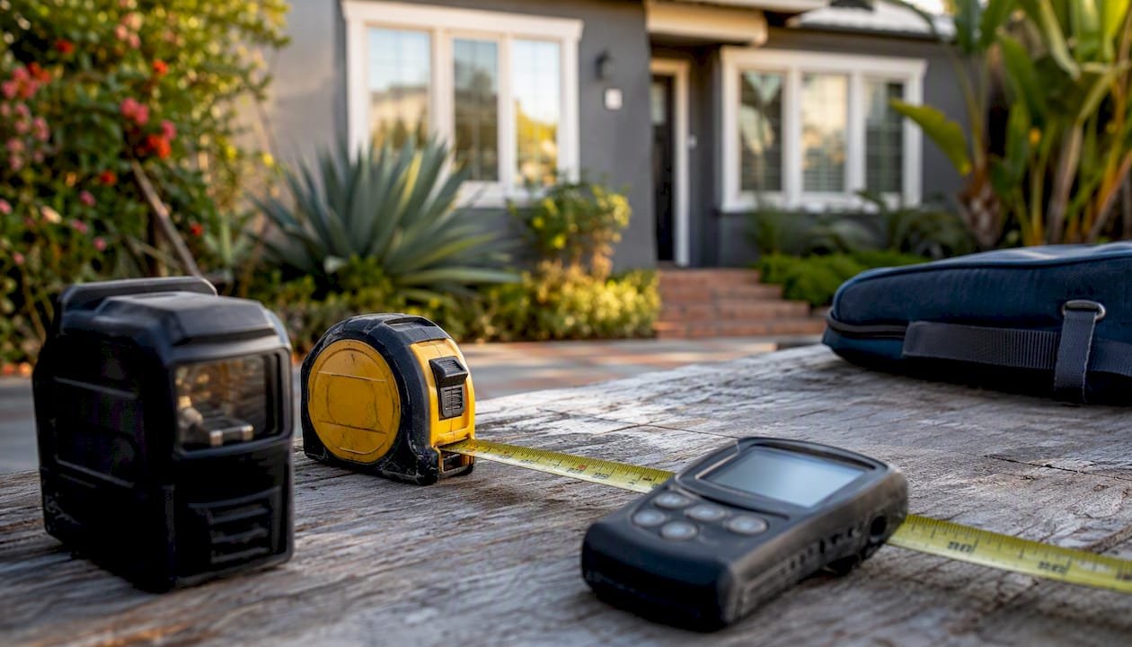 Home inspection tools arranged on wooden surface