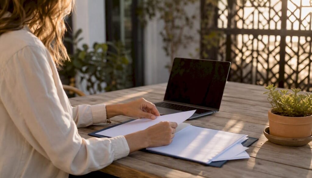 Hand assembling real estate offer packet on desk