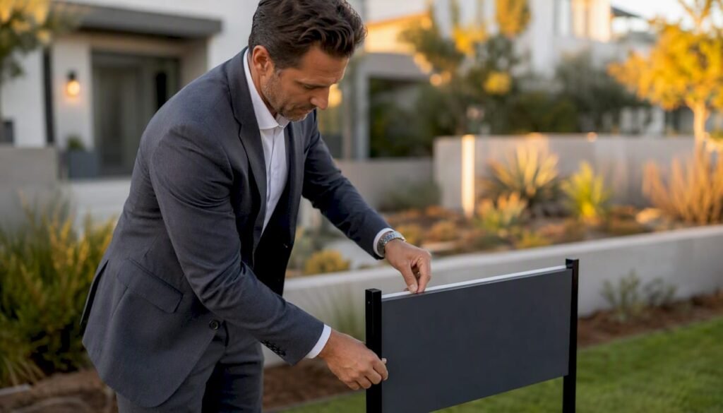 Agent setting up for home sale outside house