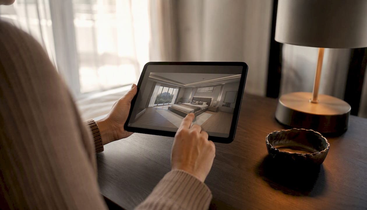 Hands navigating virtual 3D home tour on tablet