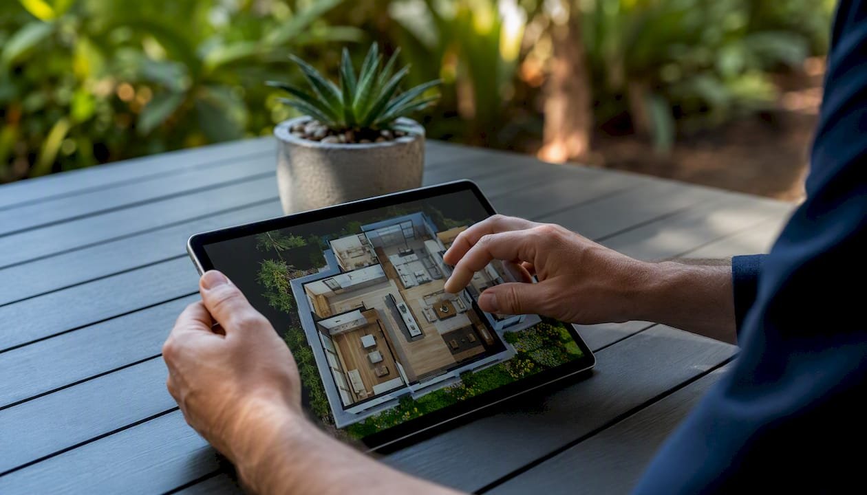 Hands using tablet with interactive floor plan