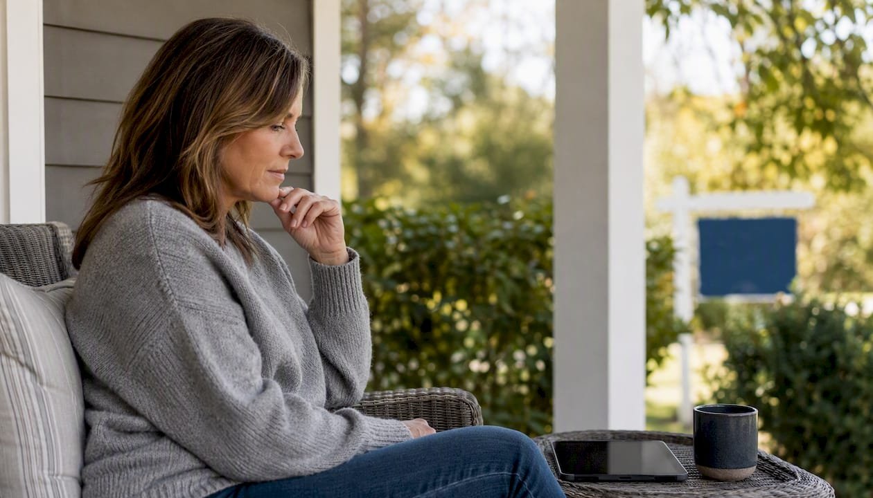 Home seller considering commission negotiation on porch