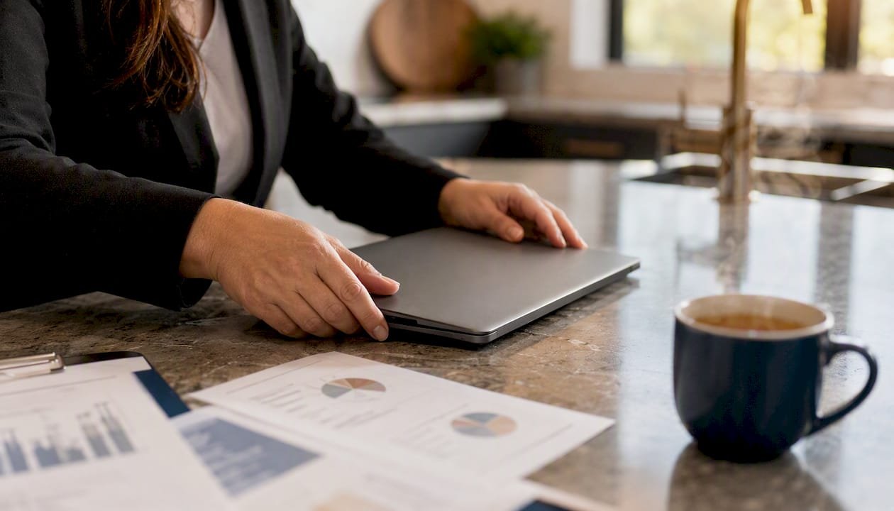 Agent preparing rent-back terms on laptop keyboard