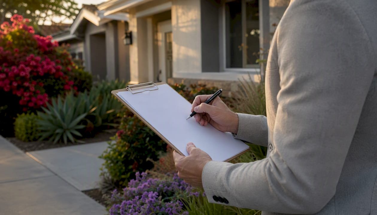 Hands checking clipboard near San Diego home exterior
