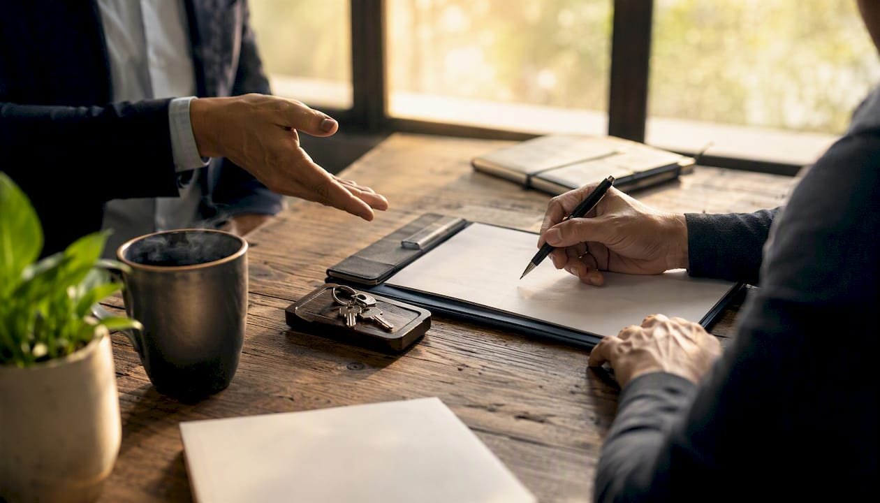 Negotiation hands exchanging keys over table