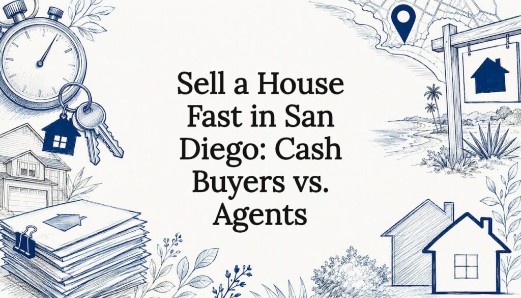 Decorative title card illustration with real estate icons