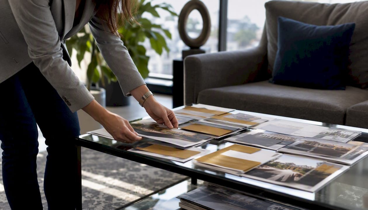 Agent arranging marketing brochures in modern home