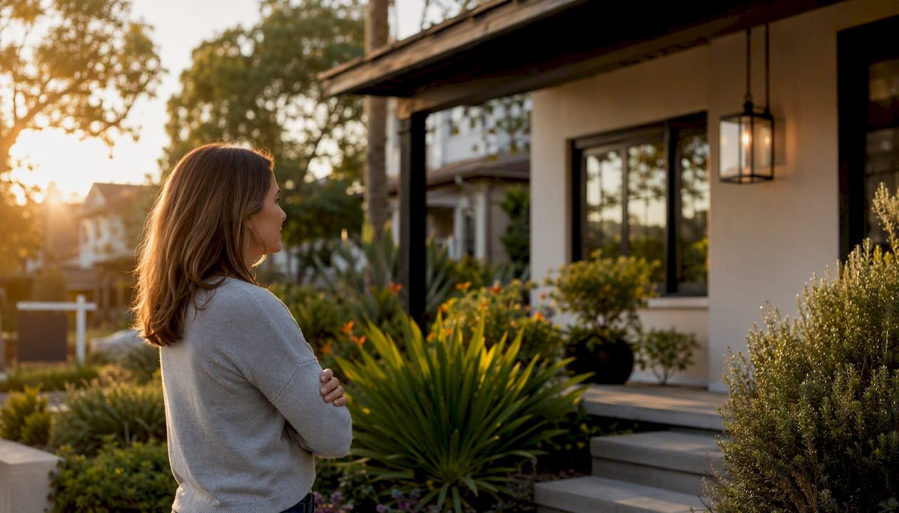 Homeowner in front yard pondering sale options