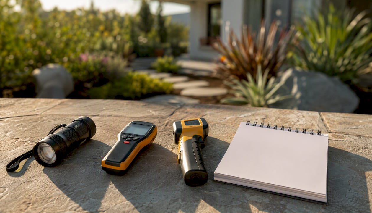 Home inspection tools arranged on porch floor