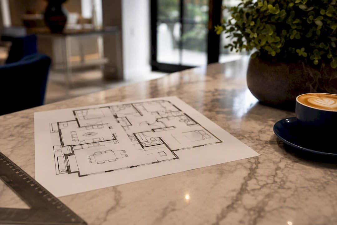 Printed marketing floor plan on table with ruler and coffee