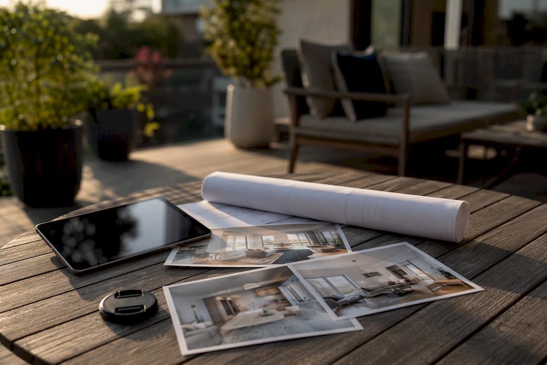 Listing marketing materials including floor plan and photos on desk