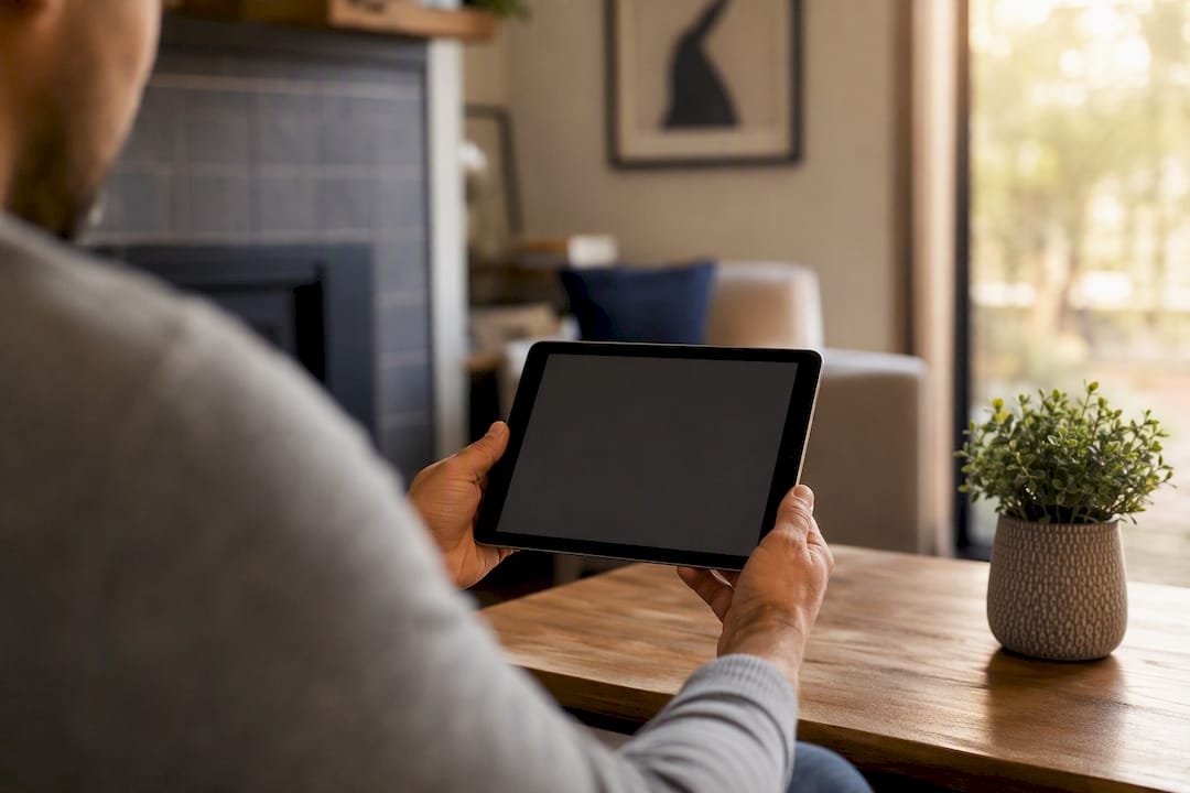 Hands holding smartphone with blank financial app screen