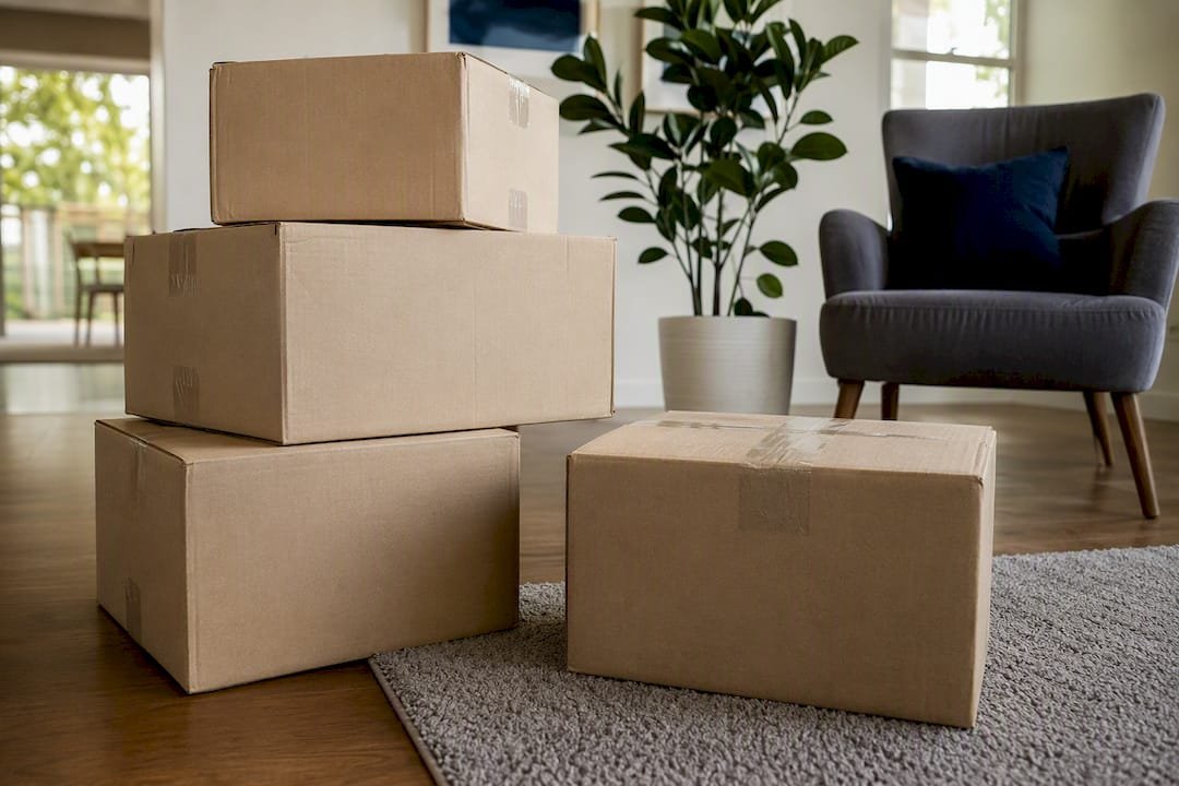 Stacked moving boxes in home entryway