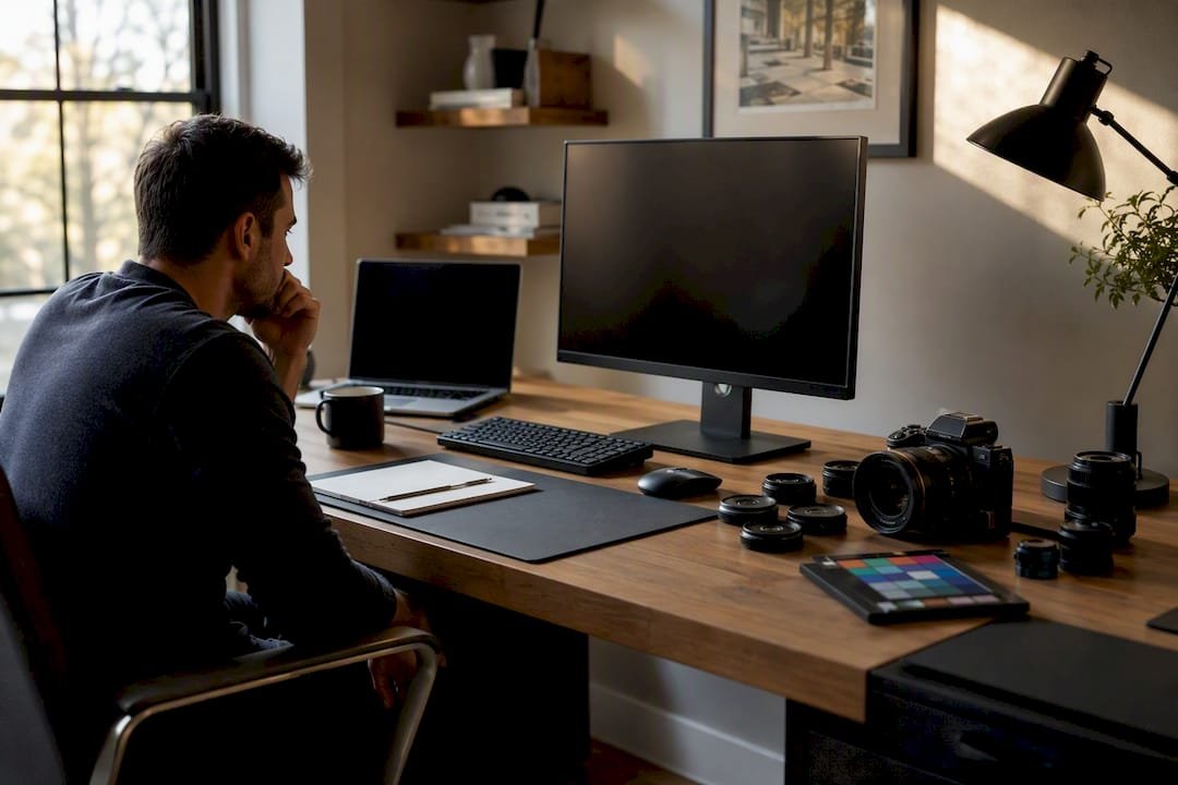 Real estate photographer's editing workspace and camera gear