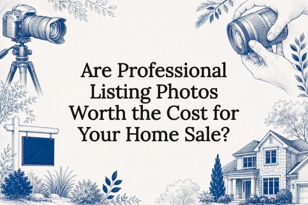 Decorative title card with real estate photography sketches