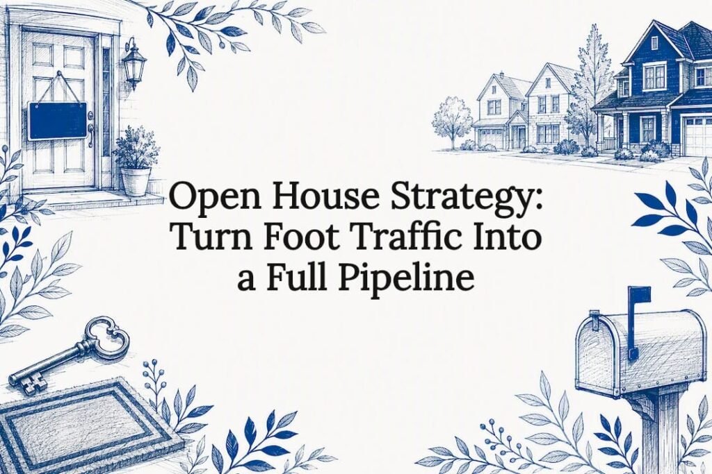 Decorative real estate open house title card illustration