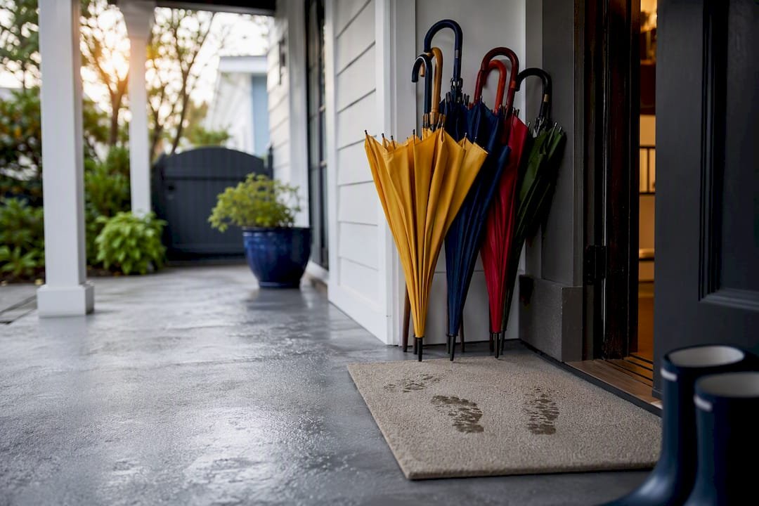 Covered entry with umbrellas and wet floor mat