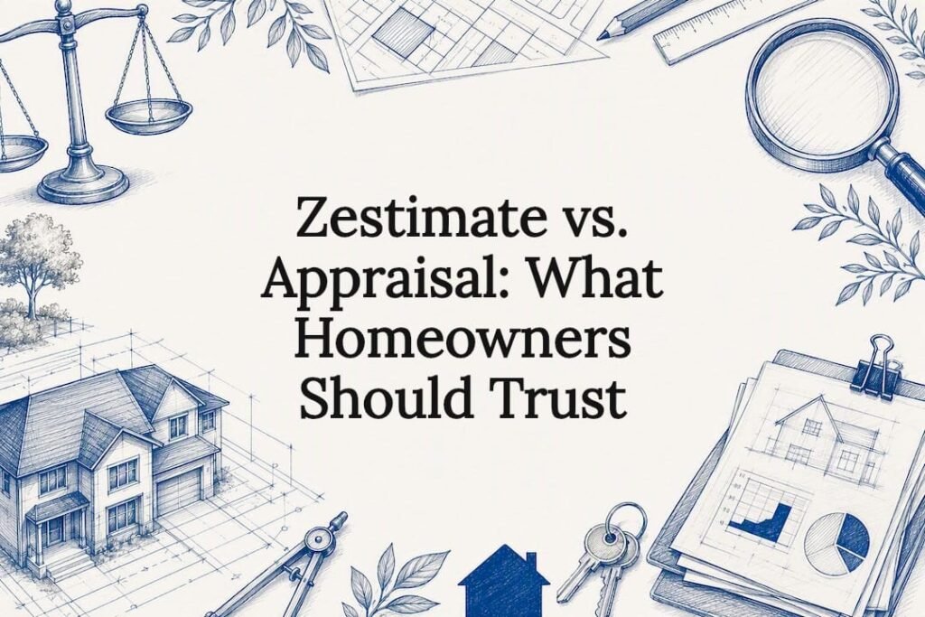 Decorative title card illustration representing real estate valuation concepts