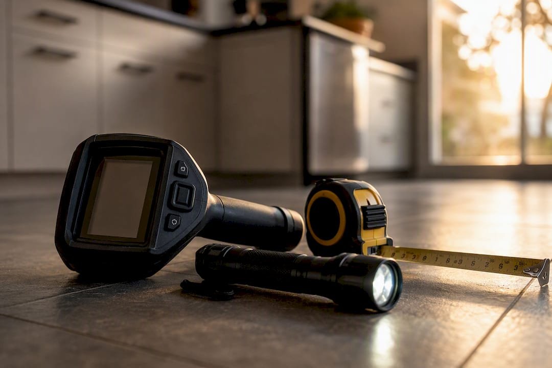 Close-up of home inspection tools on hardwood floor