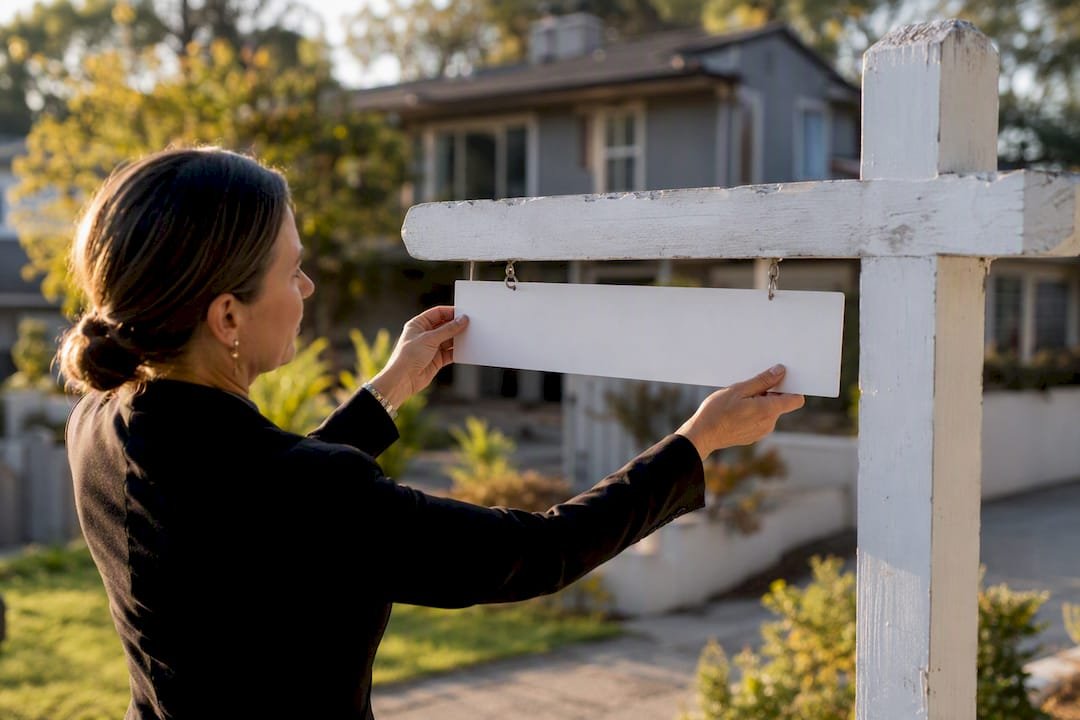 Hands placing new price tag on home signpost