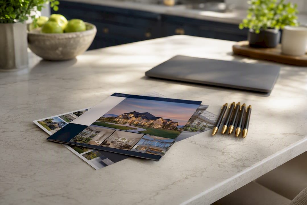 Real estate marketing materials on table