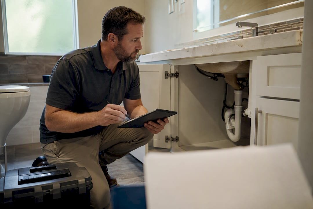 Homeowner inspecting faucet for pre-sale repairs
