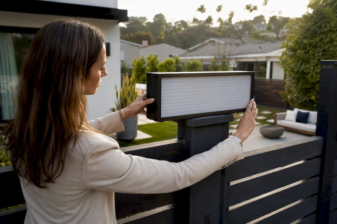 Agent adjusting price sign outdoors