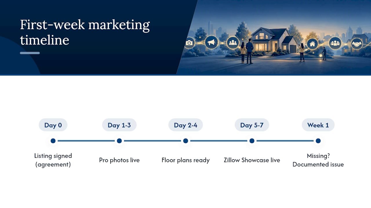 First-week listing marketing deliverables timeline