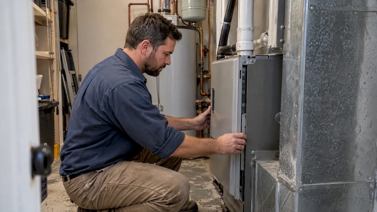 Contractor inspecting a home HVAC system