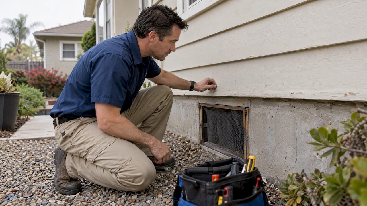 Inspector checking a San Diego home exterior