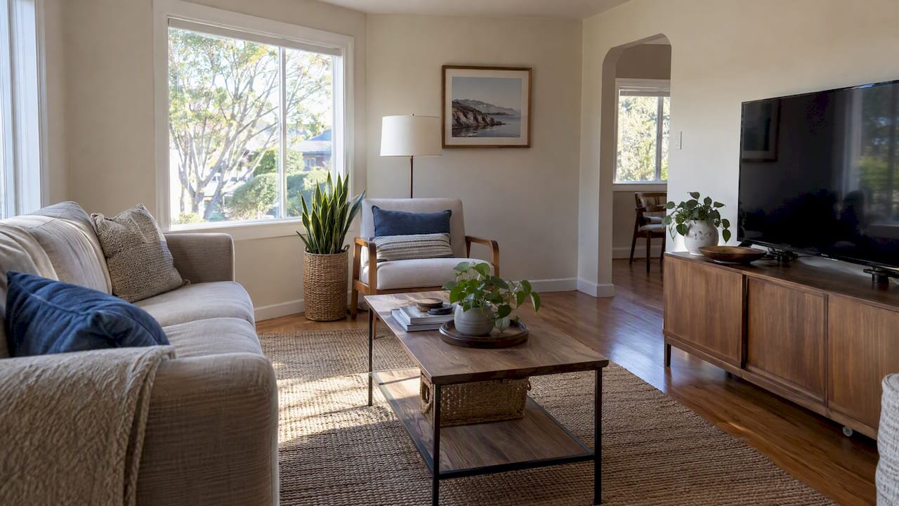 Decluttered living room staged for listing photos